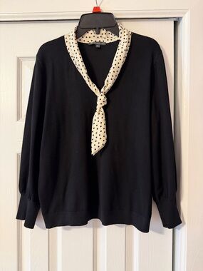 Adrianna Papell Black V-Neck Sweater with Cream Polka-Dot Scarf